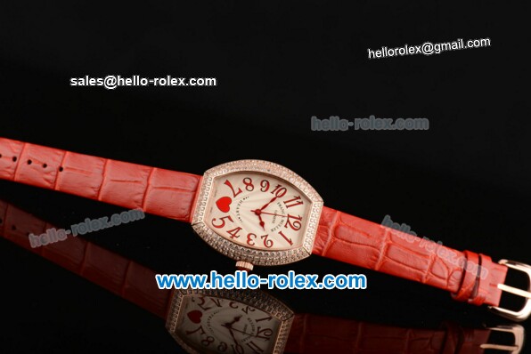 Franck Muller Heart Swiss Quartz Rose Gold Case with Red Leather Strap Diamond Bezel and White Dial - ETA Coating - Click Image to Close